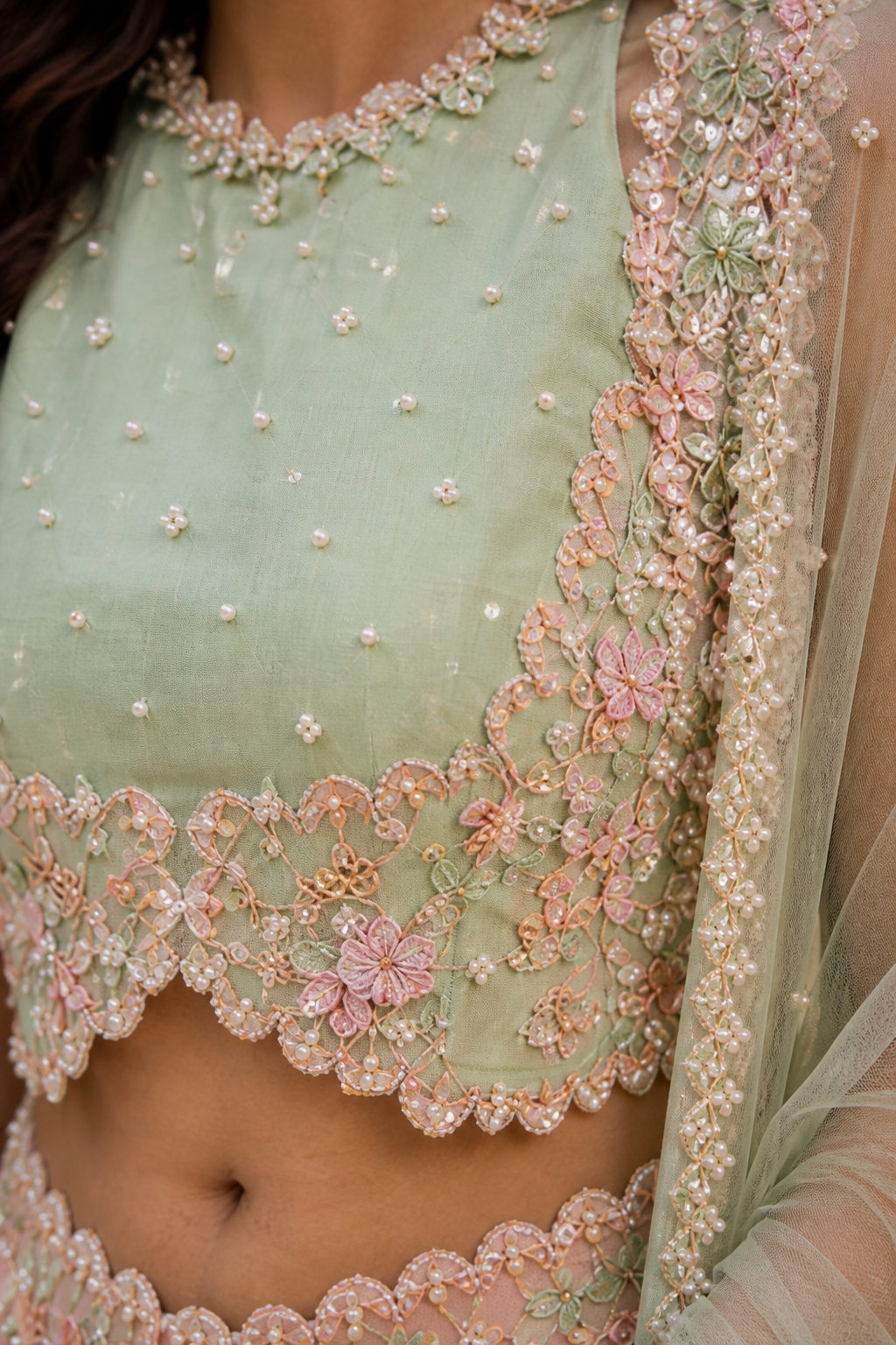 Image of Pistachio Petal Lehenga Set