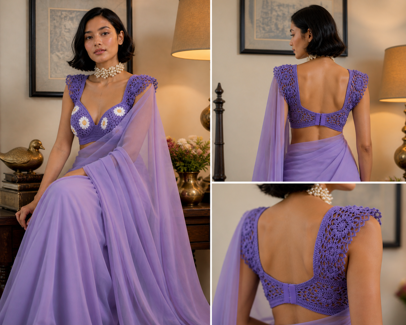 Image of Lavender Daisy Crochet Blouse And Saree