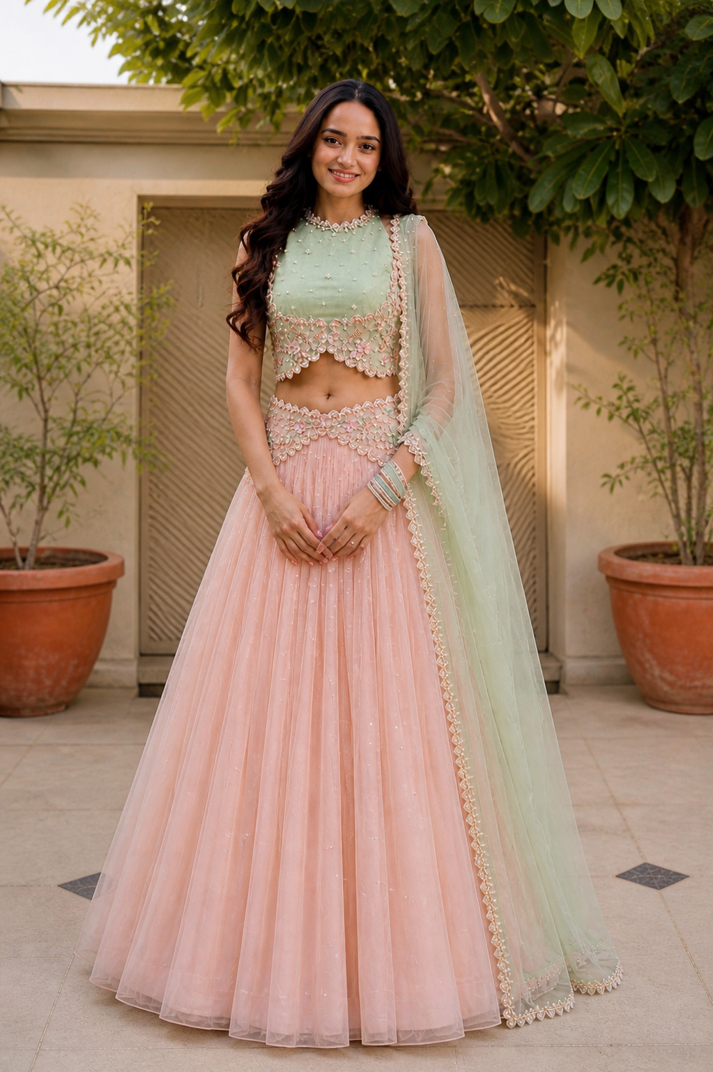 Image of Pistachio Petal Lehenga Set