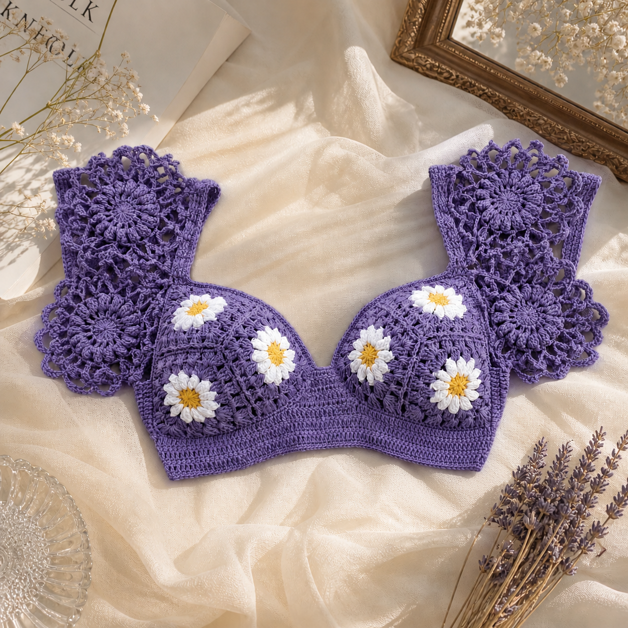 Image of Lavender Daisy Crochet Blouse And Saree