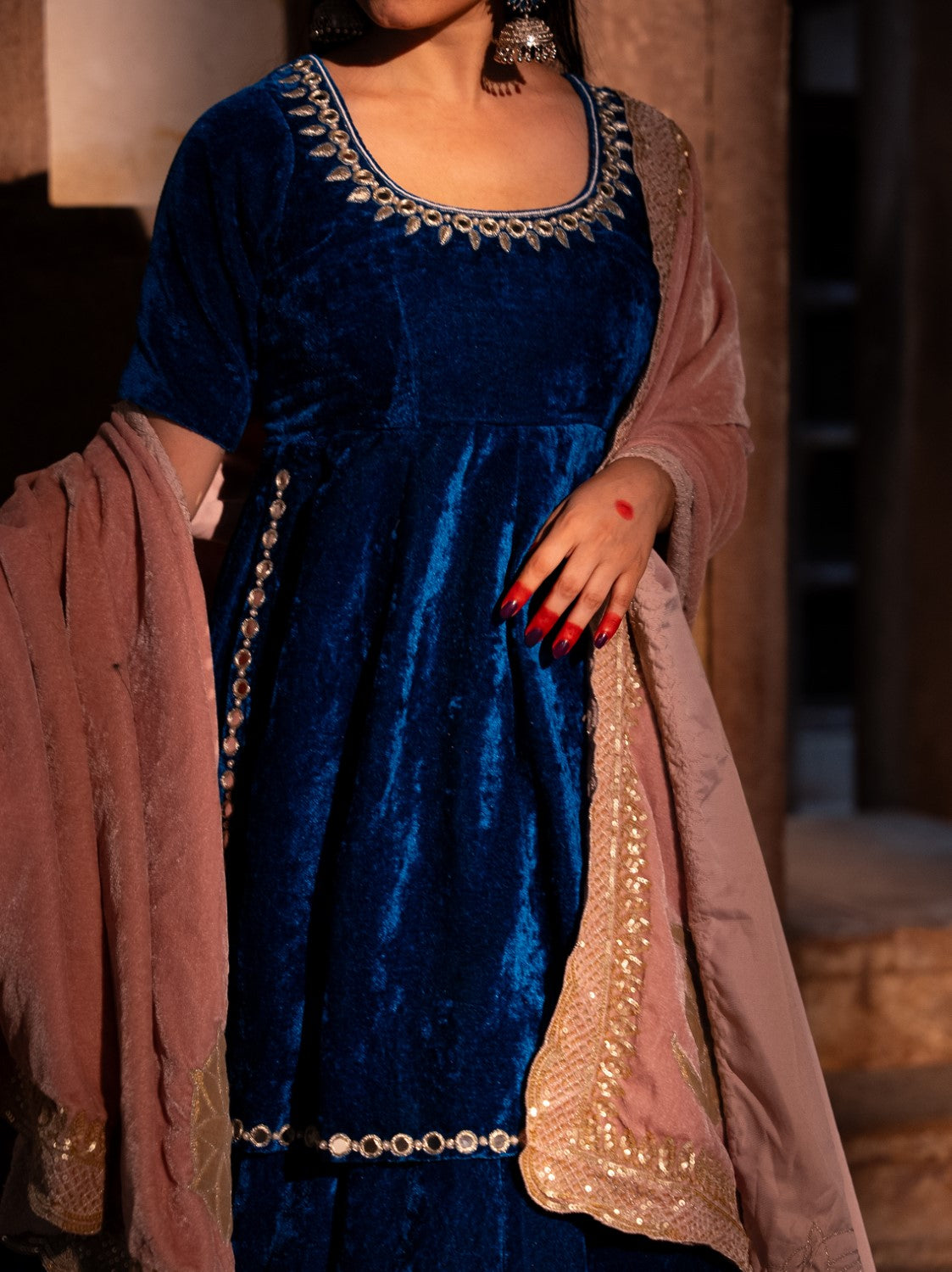 Image of Drishti Blue Velvet Lehengas