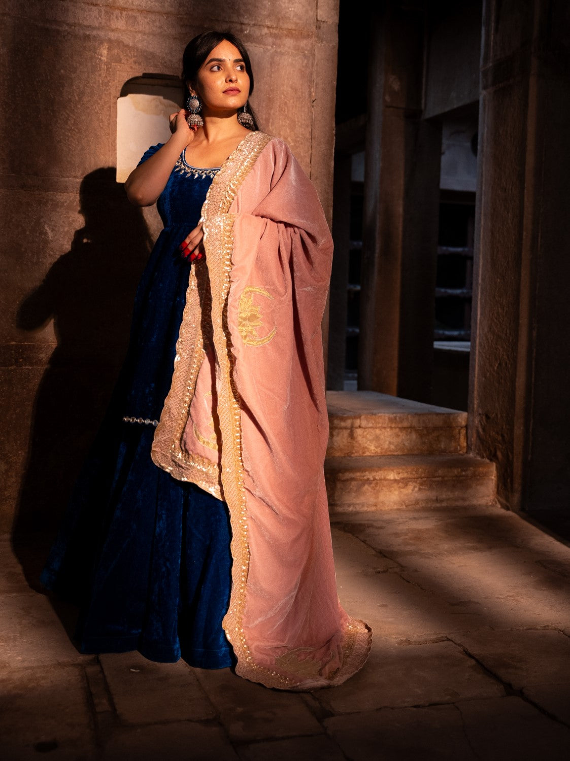 Image of Drishti Blue Velvet Lehengas