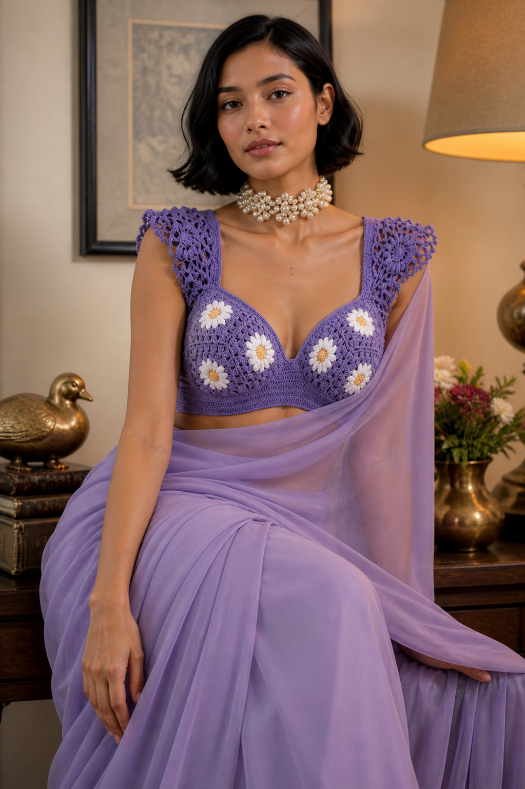 Image of Lavender Daisy Crochet Blouse And Saree