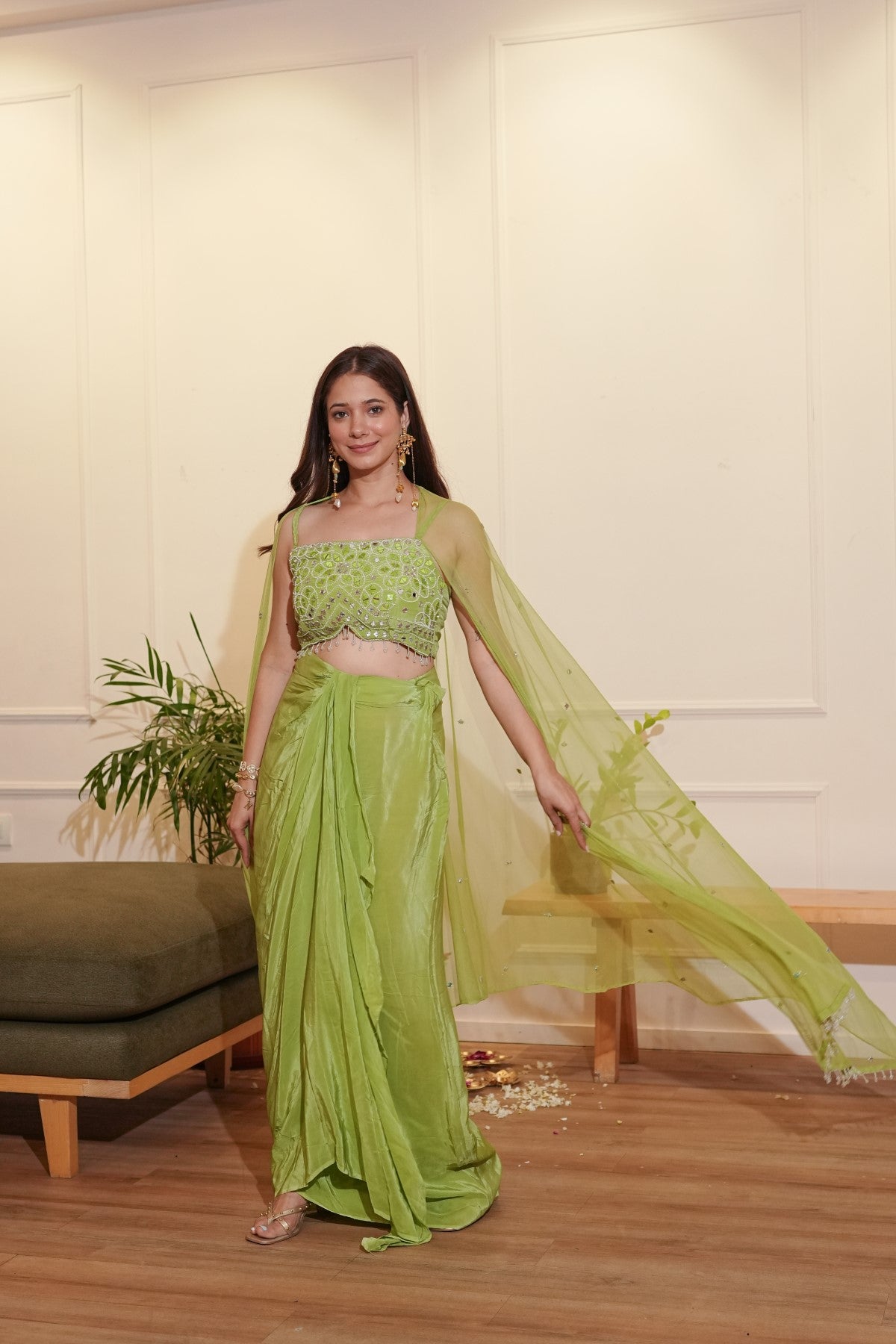 Image of Green Dhoti Cape Set