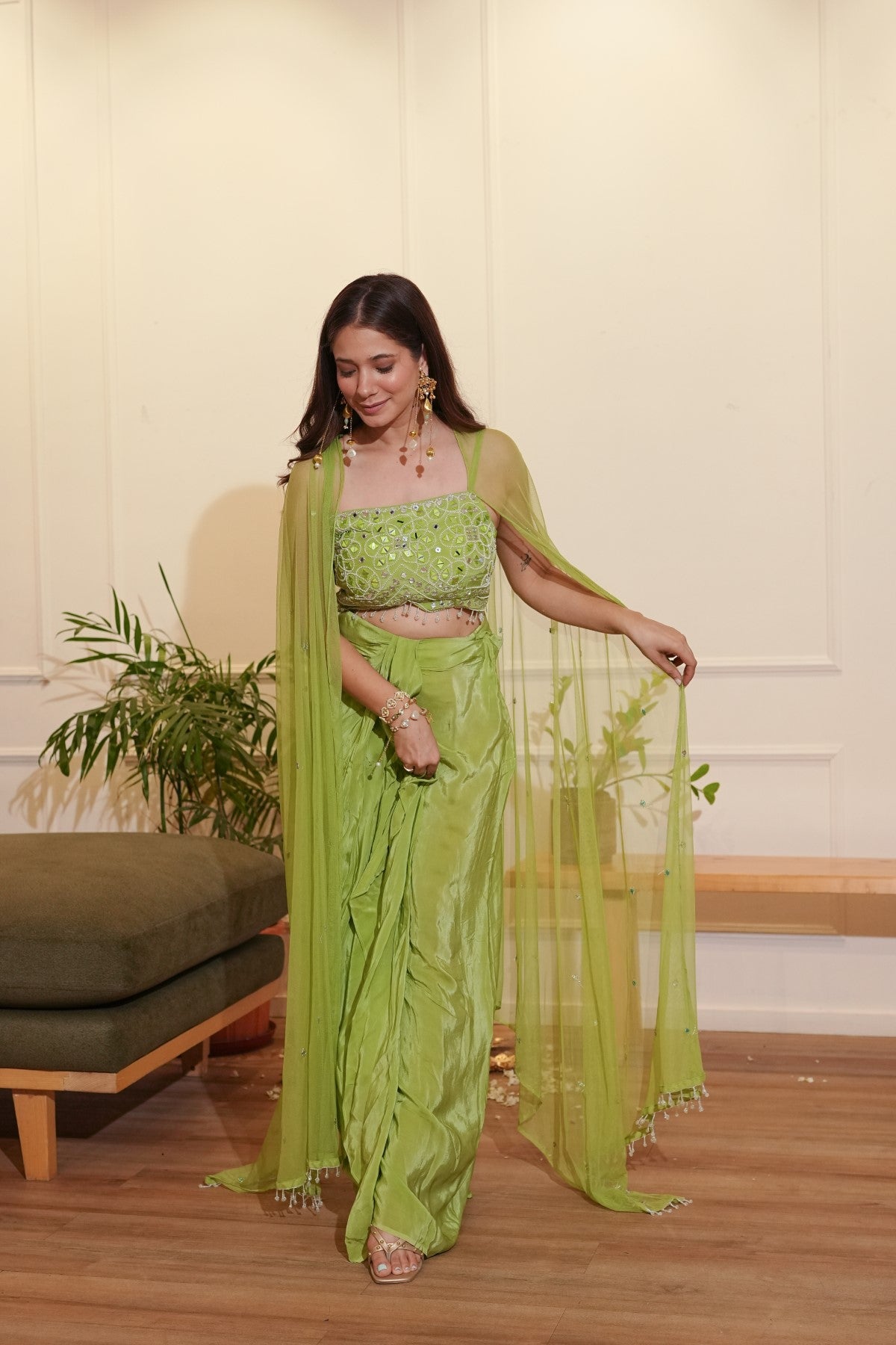 Image of Green Dhoti Cape Set
