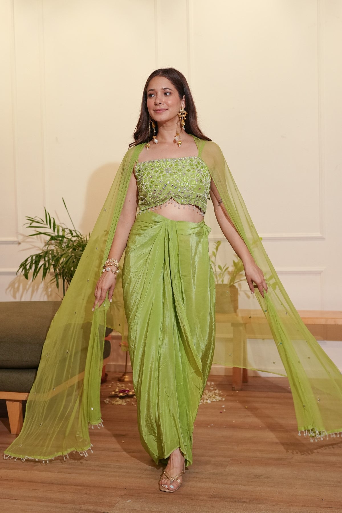 Image of Green Dhoti Cape Set