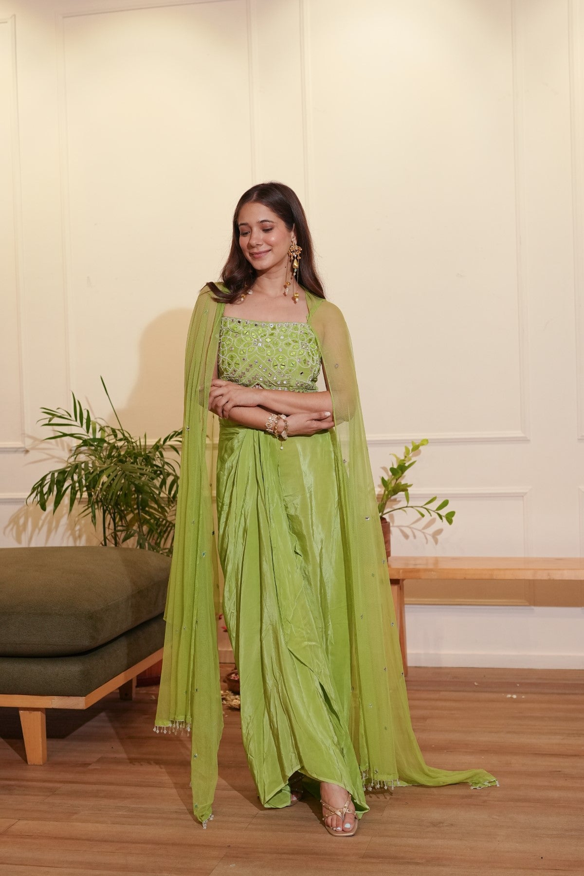 Image of Green Dhoti Cape Set